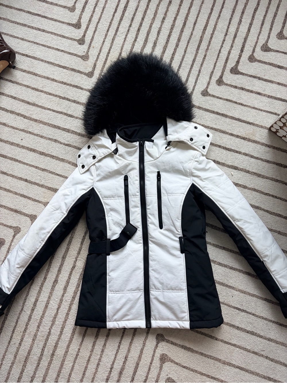 Topshop Black & White Ski Jacket with Faux Fur Hood